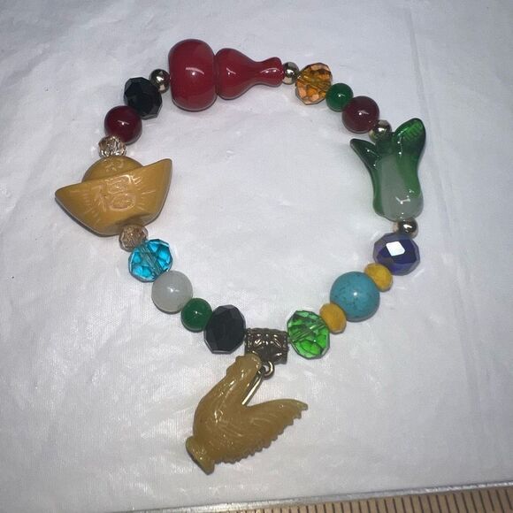 Year of the Rooster Chinese Good Luck Charm Glass Bead Stretch Bracelet - Picture 2 of 10
